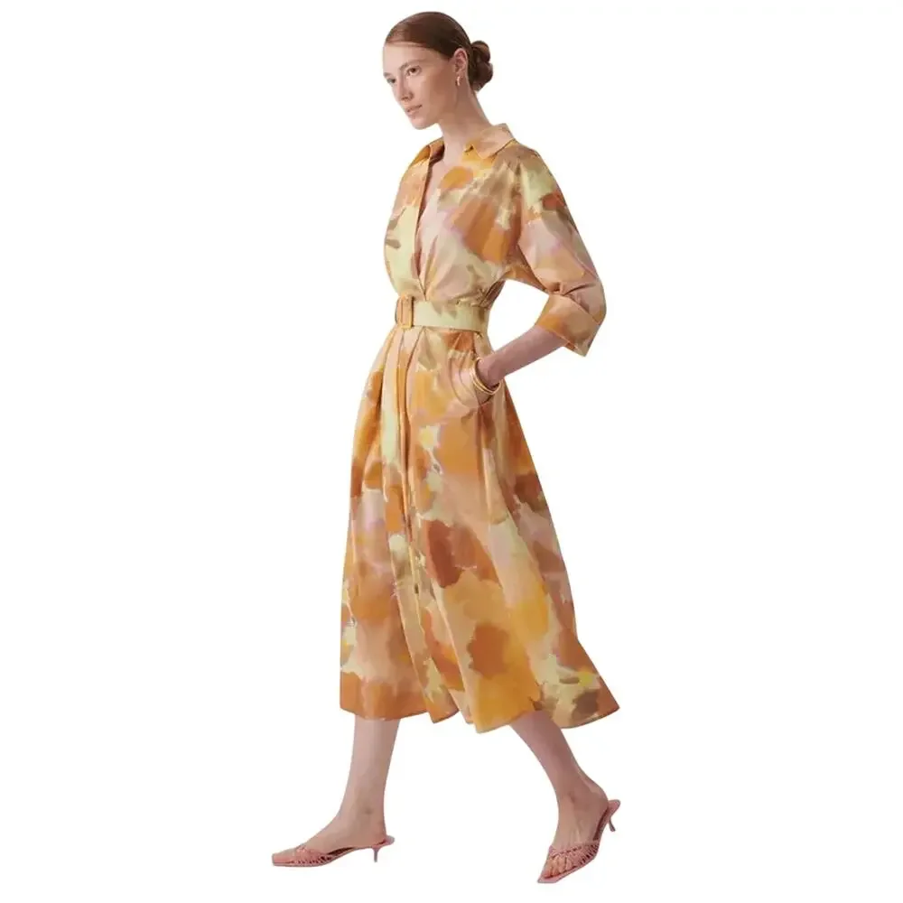 Exquise Brooklyn Dress Cotton Yellow Orange Pastels Watercolor Printed